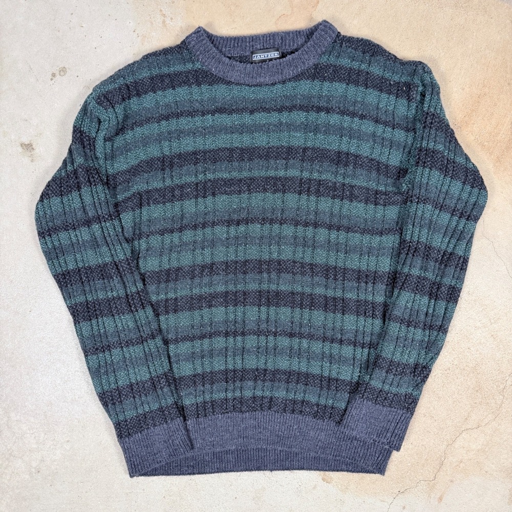 Jantzen Mens‎ L G Striped Crewneck Sweater Green Blue Acrylic Polyester Knit